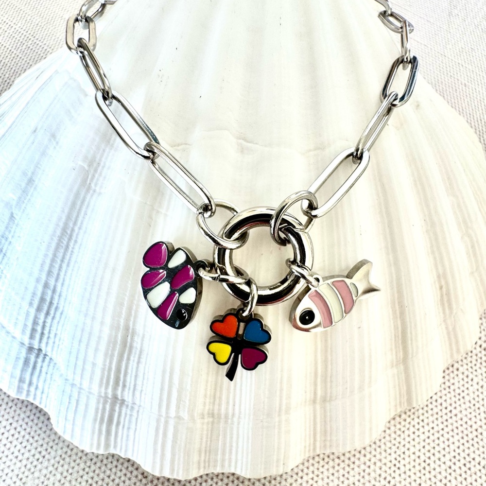 Uniquely Changeable Fish and Clover Charms and Holder Bracelet